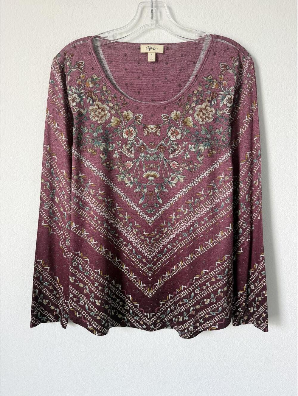 Style & Co Long Sleeve Scoop Neck Floral Print Boho Pullover Blouse Size M